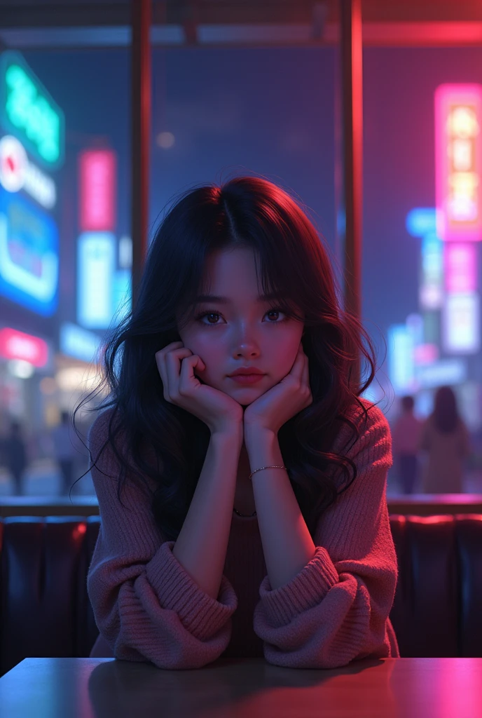 Night Cafe、Beauty、Looking outside、university student、Stylish、woman、Wavy Hair、Cheek resting on hand、2d、Anime characters、Waiting for someone、Competition clothes、Summer knitwear、Neon Town、Both hands Cheek resting on hand、Looking outside、Sidelong glance、Both hands Cheek resting on hand