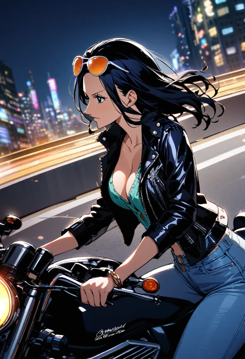 1girl, Nico Robin (One Piece), sunglasses on head, wind-blown hair, motorcycle jacket, cleavage,jeans, riding motorcycle, highway, beautiful city view, night, masterpiece, best quality, absurdres,angle from side