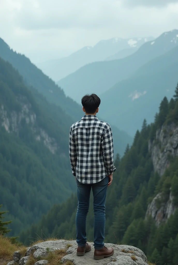A broken heart person ,with white and black chek shirt and woodland shoes, slim body,dark blue jeans , standing on mountain top ,pic click from back side, oval face,6 Feet height and 54
kg weight , no face seen in pic ,two side slope hair cut