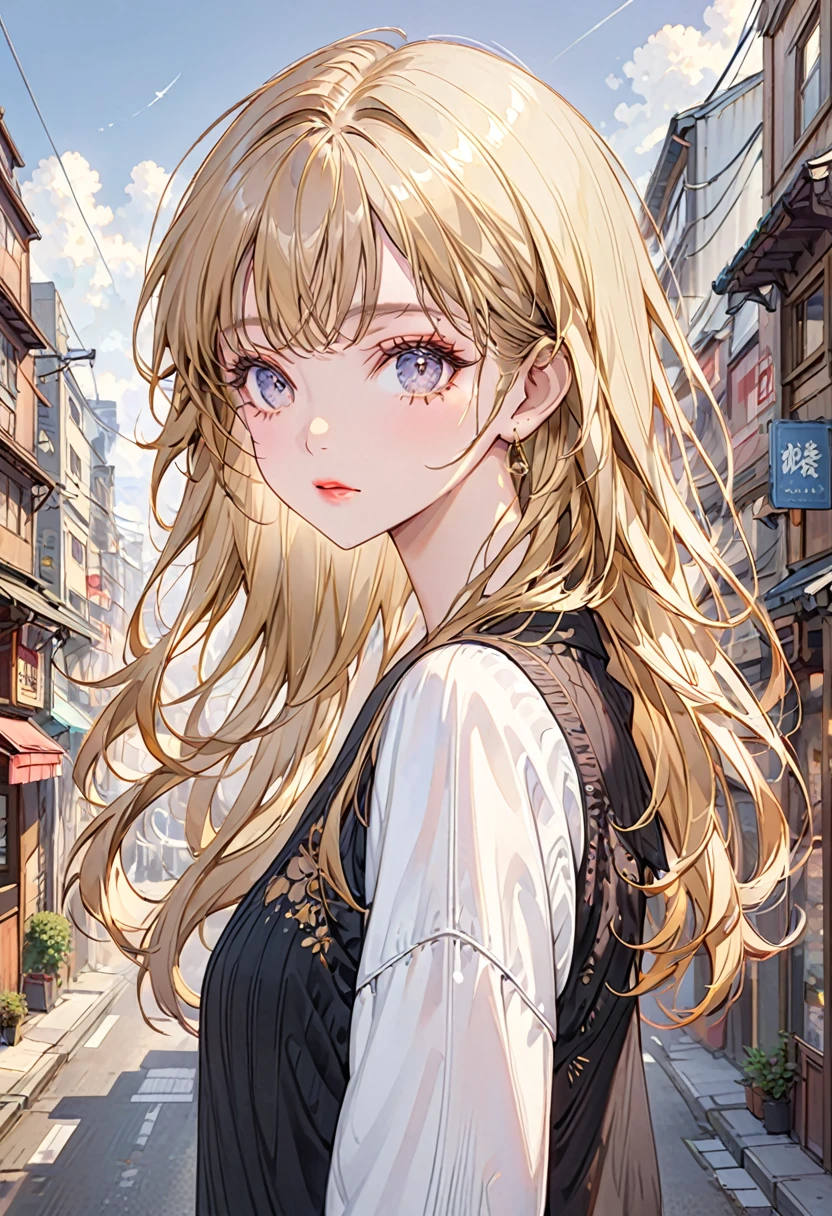 The background is an urban city(Highest quality,Very detailed,High resolution:1.2),Slim beautiful girl，Golden Hair，very_Long eyelashes, Detailed lips, Cool look, Soft Skin, Shiny Hair,Exquisite makeup,Face up、Casual clothing、Ahoge