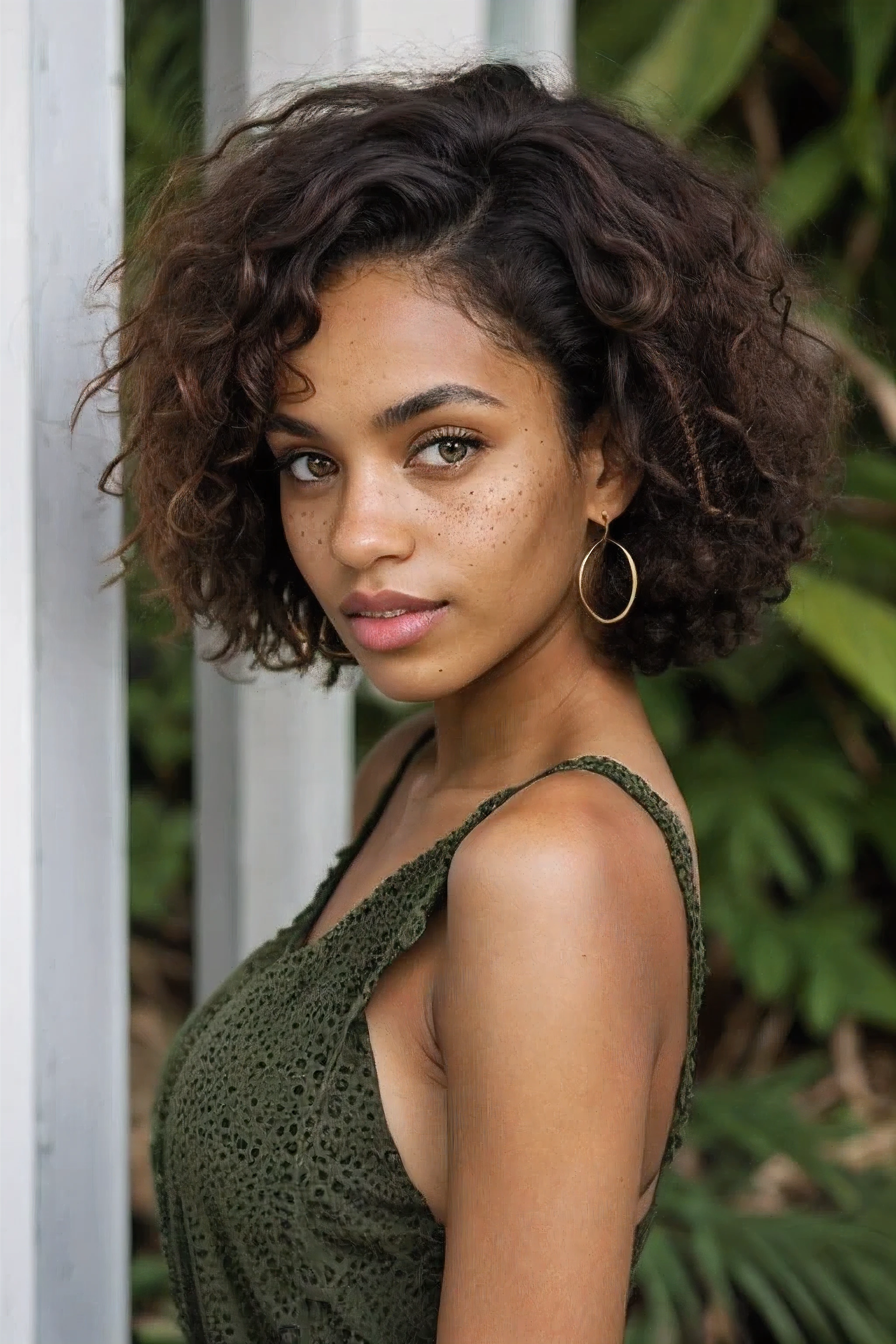 portrait, very beautiful woman, black woman, brown green eyes, curly hair, Brown hair, freckles, regard sexy, green dress