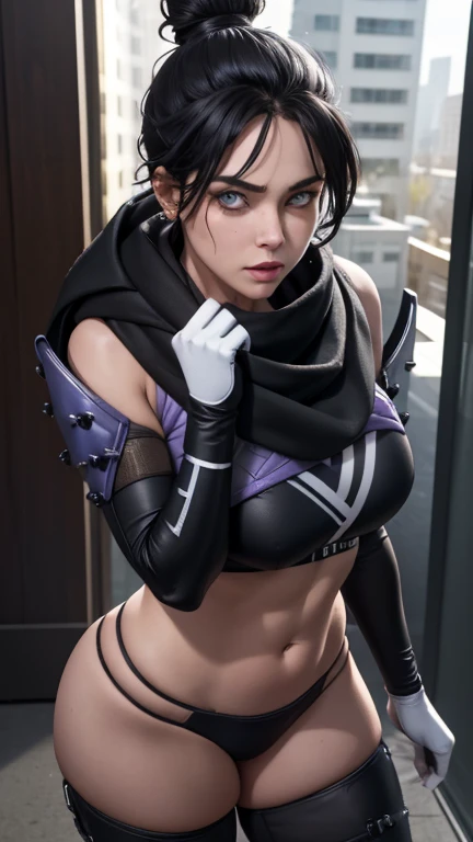 Foto de corpo inteiro, (Highly detailed CG Unity 8k wallpaper),(masterpiece), (highest quality), (super detailed), (Best Illustration),(best shadow), Wraith apex legends, pretty face focus, Masterpiece artwork, best qualityer, kissshotms, 1 girl, natta, Efeito de Luz, Masterpiece artwork, best qualityer, 1 girl,  bikini, mature woman, breasts big, 8k, UHF, (abdomen, )muscular woman, Waist slender, detailedeyes, FGO1, 1stClothing, 1 girl, solo, hair bun simples, hair bun, scarf, sultry posing, Bblack hair, black scarf, blue colored eyes, bangss, bangss distributed, Hair behind the ear, mitts, piercing no nariz, mitts pretas