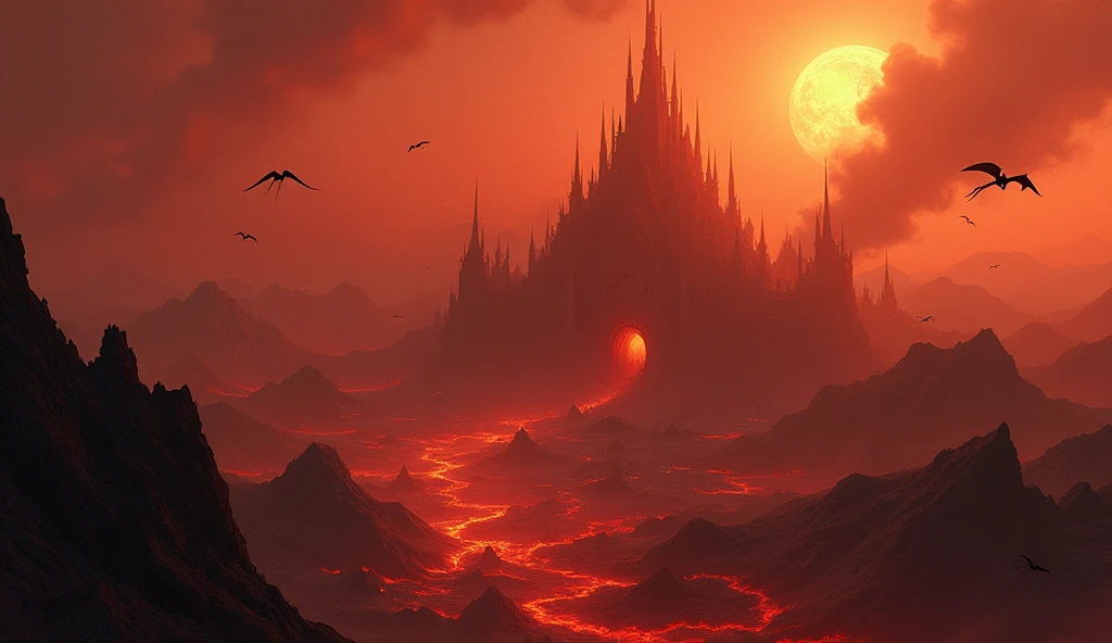 ((best quality)), ((masterpiece)), dnd, dungeons and dragons, scene, landscape, hellscape, aerial view, hell, avernus, demon city, city in hell, distant small demons, multiple creatures, scary, small flying demons in the distance, lava, fire, trending artwork, masterpiece