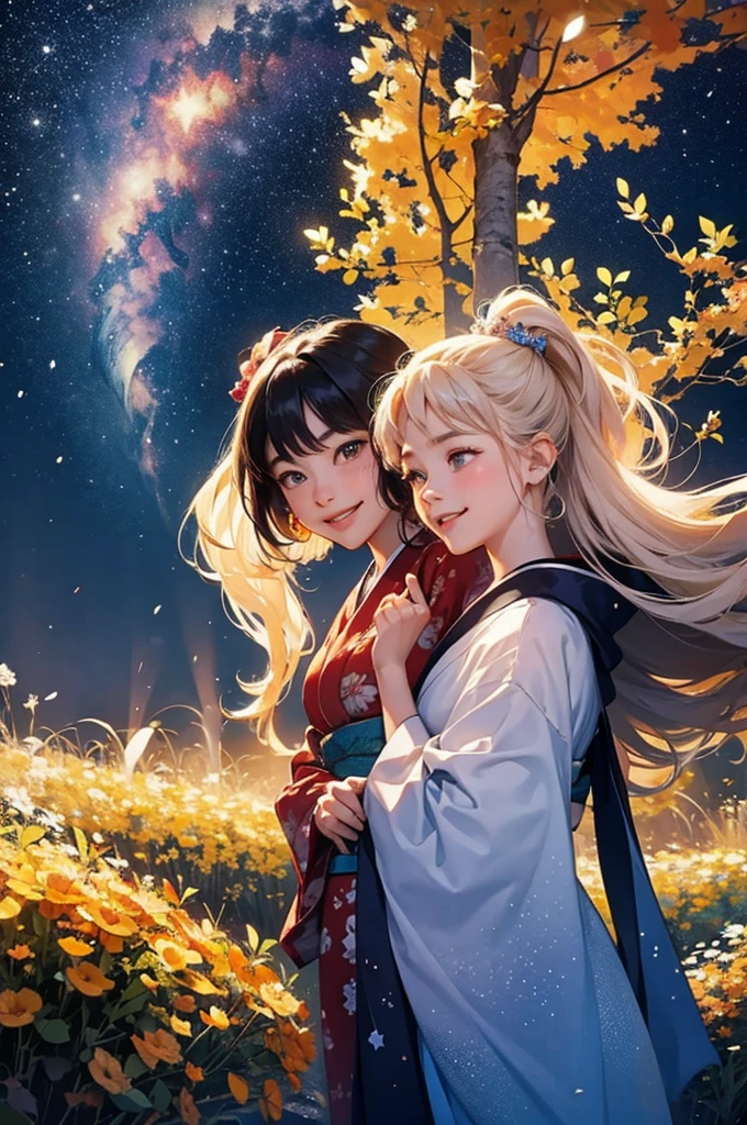 On a starry night, two beautiful girls in kimonos are looking at each other, smiling and having fun with their faces close together.