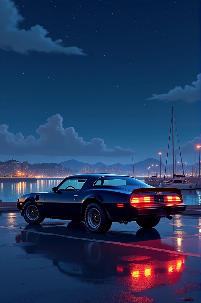  A precisely drawn animation-style image. Set in a nighttime harbor, featuring a vibrant night view and a calm sea. A beautiful starry sky spreads overhead, with the wet pavement reflecting light after the rain. A glossy black Firebird Trans Am is quietly parked in the pier parking lot, its tail lights glowing softly. The car body is intricately detailed, and the overall composition is depicted in high-quality 8K resolution.