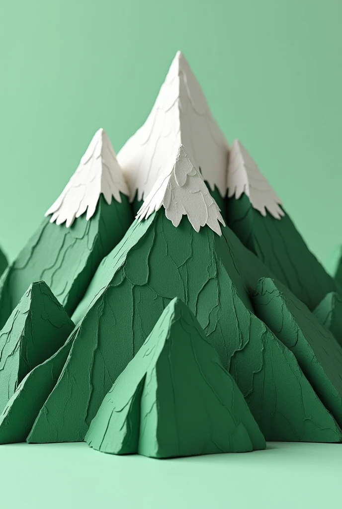 A mountain, snow on top, 3D cardboard, green tone is main. Made of cardboard