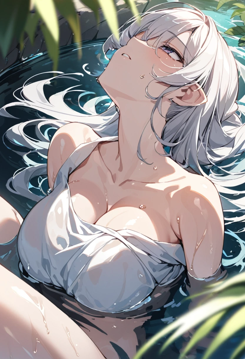 a pretty elf girl is lying back on water spring's edge,tilting her head back,dropping her legs into water,open chest cloths,silver low long hair,big breasts,wet and shiny skin,gaze to me,dazed face