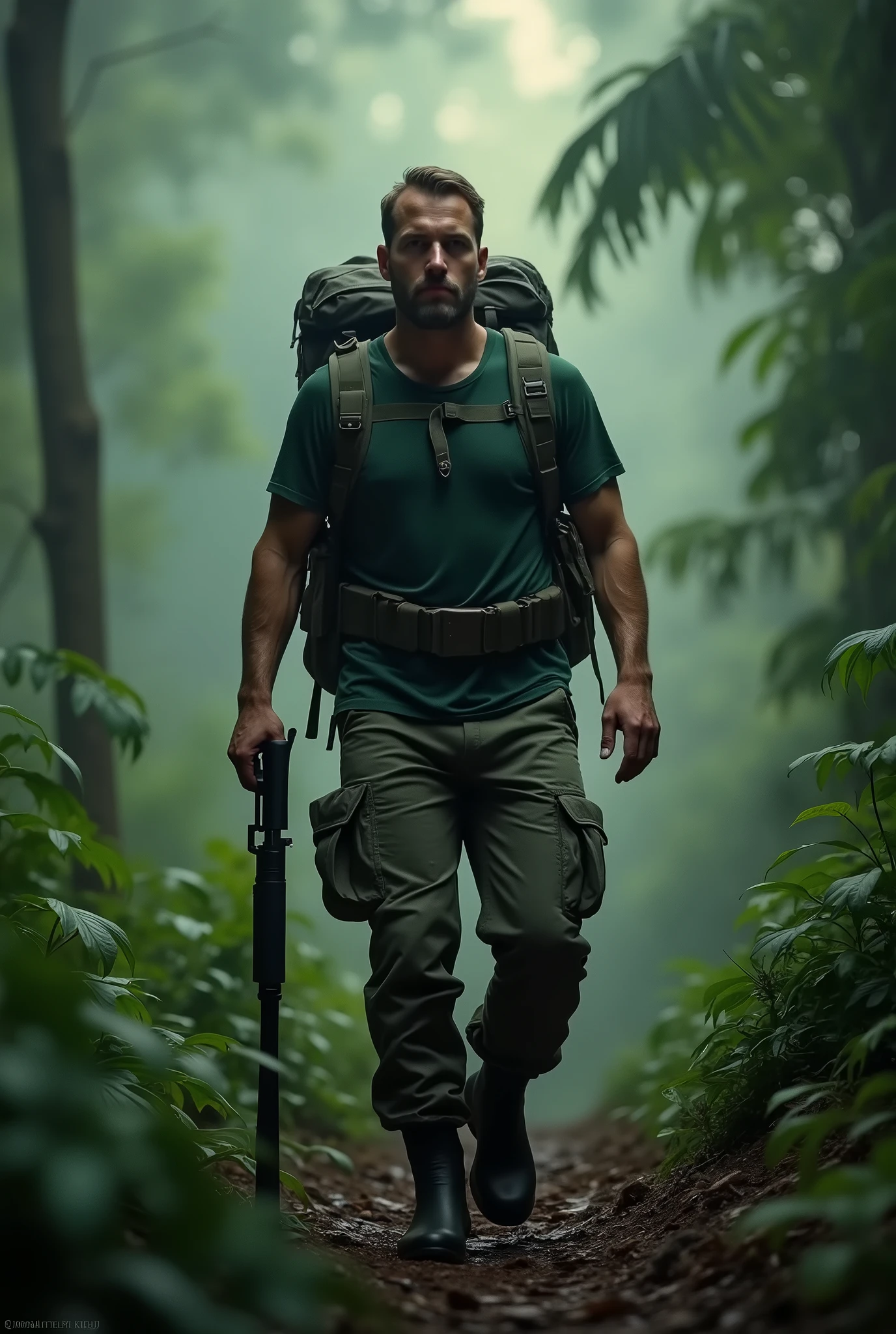 A full body, cinematic portrait of a Aerican-looking man with short hair wearing boots. He is 170 cm tall and weighs 70 kg. He is wearing a dark green tshirt and a North Face backpack, standing in a rainforest with a rifle. He is an hunter. The background has subtle light, creating a magical rainforest scene. The man is walking in the rainforest, creating a mystical rainforest atmosphere. He is a professional hunter. His face is looking at the camera, and the portrait is taken from the side. The image should be realistic.