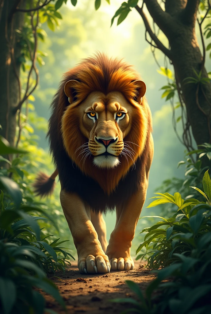 Lion walking in jungle