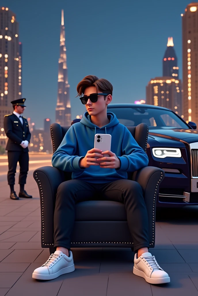Create a 3D illustration featuring a realistic 20 year-old beautiful young Boy with blue hoodie and black Teens, white iPhone 15 pro max holding in hand on a Wingback chair, wearing white sneakers, beautiful hair, luxury black sun  glasses, he looks ahead. Blue ROLLS ROYCE Ghost of side, with name "multi" Write on Number plate, 3d art painting realistic photo with two security guard in my background With security dressing, on Dubai in night view with Burj Khalifa 
