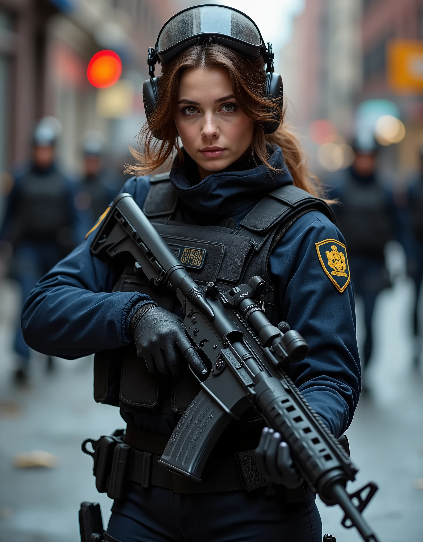 (masterpiece,Highest quality,Ultra-high resolution),One Woman,American Women, brown hair, hazel eyes,(Beautiful Eyes,Beautiful Hair,Beautiful Skin,Beautiful Face),Severe,whole body,(Shootout in the city,Combat in a narrow alley),(Dynamic Movement),((Small machine gun)),Police special forces uniform,Bulletproof vest,Combat Boots,Tactical holster,Tactical Headset,Tactical Helmet,(The background is New York City),(((Background Blur)))