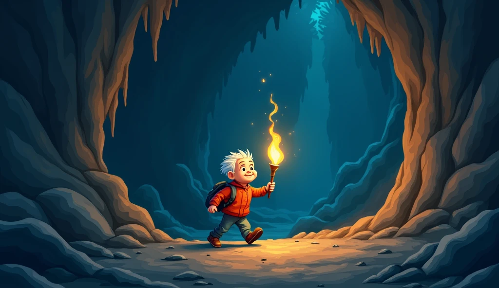 A old boy is in a cave Lighting the torch
And walking slowly cartoon pic