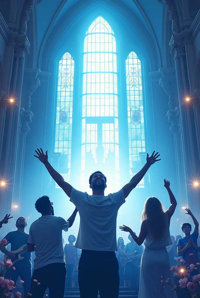 Une affiche publicitaire pour concert musique chrétiennes . utiliser la couleur bleu et blanc 