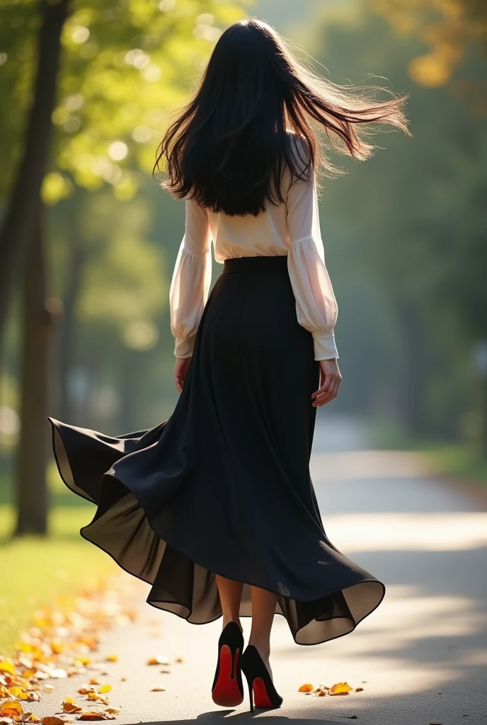 Top Quality, 1girl, full body ,from behind ,(Hollow skin), (day), bright, blur background, outdoors, (Street:0.6), (hair:1.5), black hair, (Blouse:1.5), maxi skirt, louboutin high heels, superb, (Hair flotation:1.5), soft light, wind, garden, Street