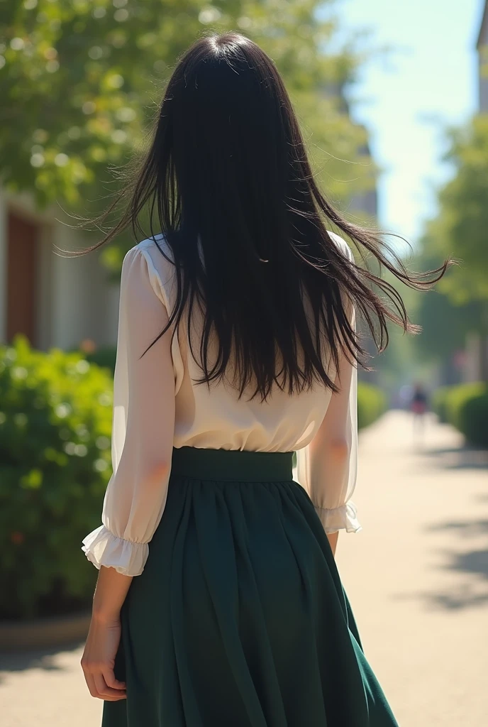 Top Quality, 1girl, full body ,from behind ,(Hollow skin), (day), bright, blur background, outdoors, (Street:0.6), (hair:1.5), black hair, (Blouse:1.5), maxi skirt, louboutin high heels, superb, (Hair flotation:1.5), soft light, wind, garden, Street