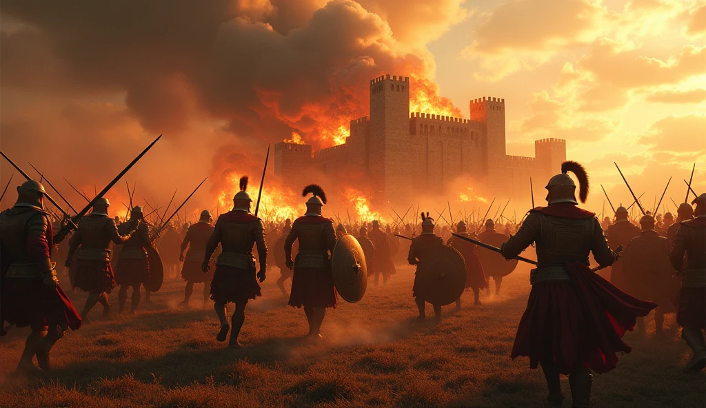 greek battle ground swords clanking and castle burning in background ((renaissance)) ((cinematic))