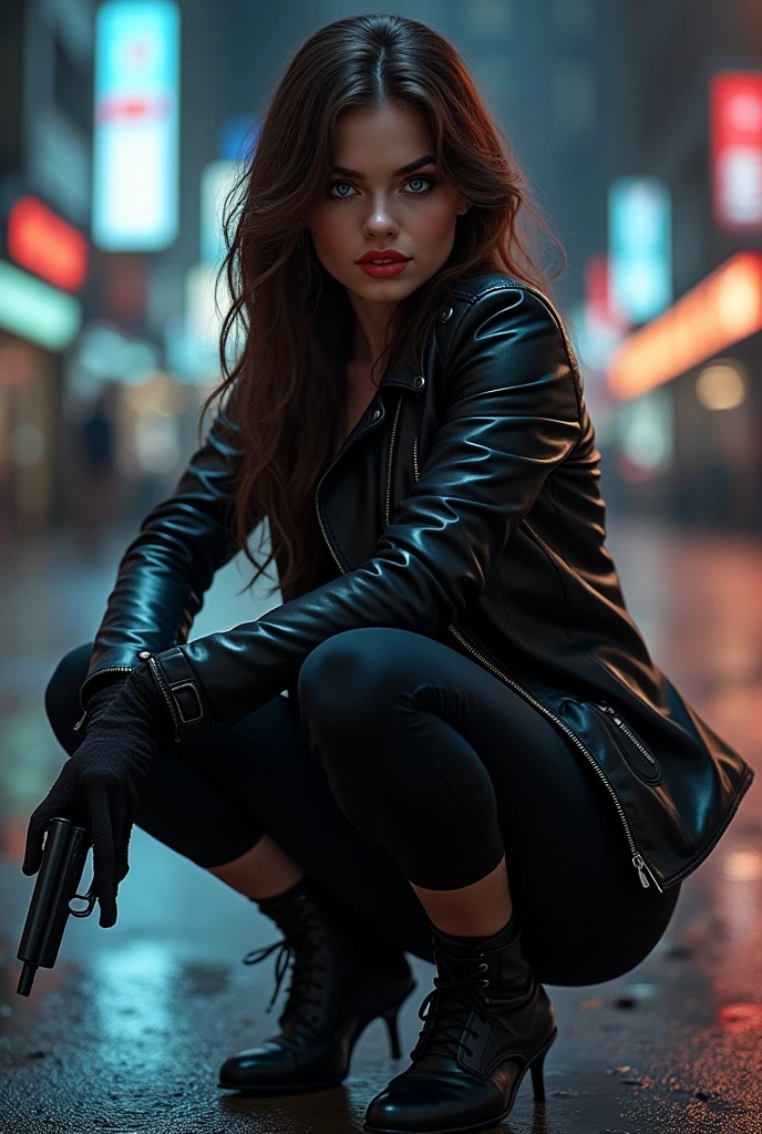 beautiful young happy very beautiful girl, blue charming eyes, red lips, sophisticated face, medium size prominent bust and ass, brown black long hair, gun in hand, black leather jacket and black very tight sports leggings, squatting on street in a night city, (airbrush painting, detailed style), soft lighting, 8k