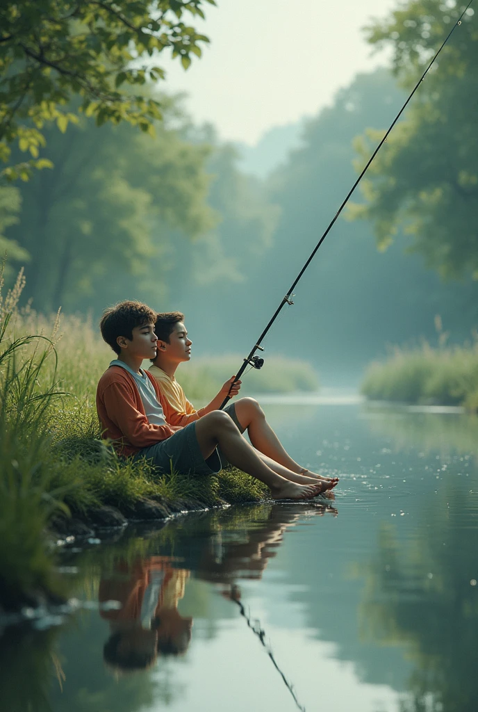 Two sleepy male teenagers fishing, each has a fishing rod, they are on the edge of a stream and are lying down.