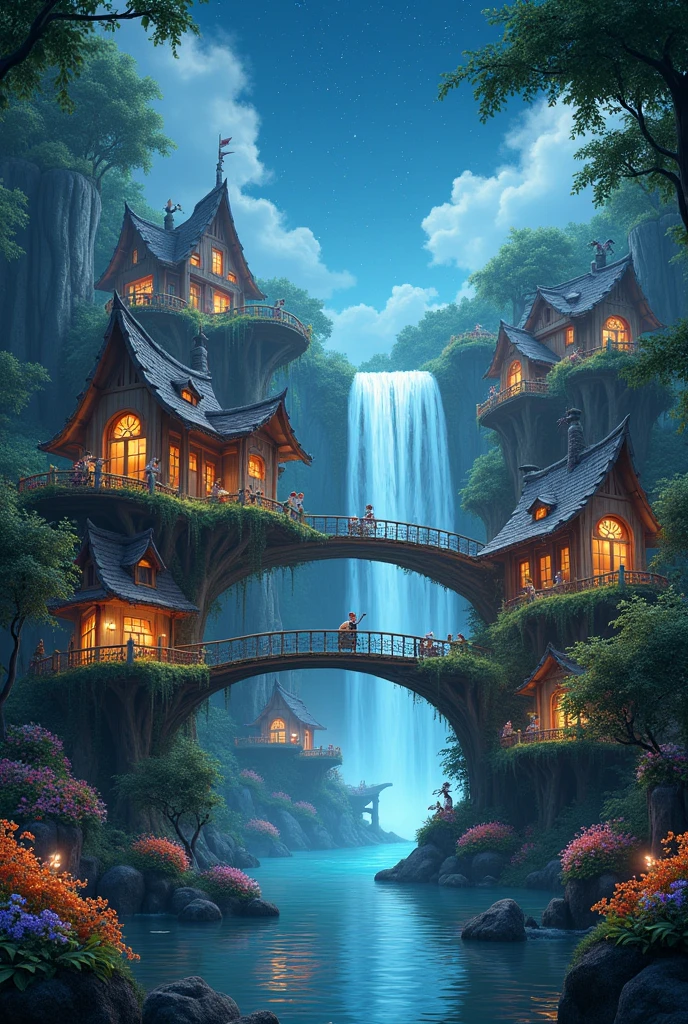 Fantastic village of bridges and floating houses, with plants and flowers around it, in front of a waterfall. at night 
