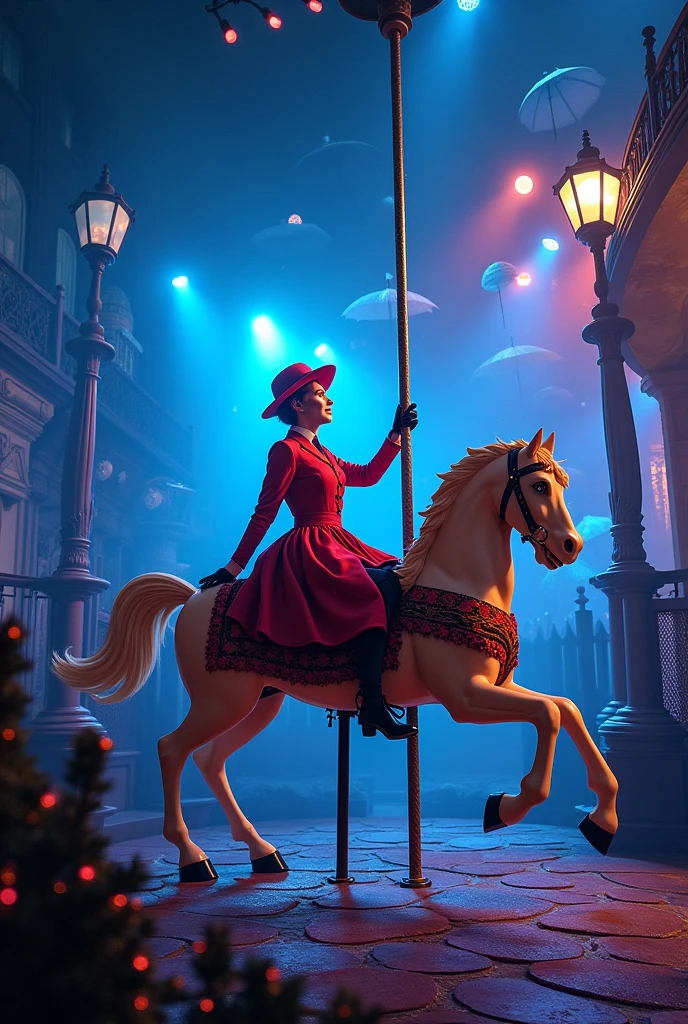 Imagine une attraction dark ride marry poppins svec des chevaux de caroussel 
