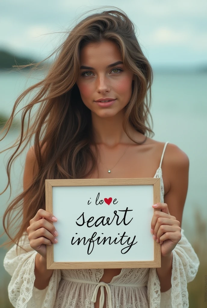 Beautiful girl with wavy long hair, bohemian dress, holding a white board with text "I Love Seaart Infinity" and showing it to the viewer