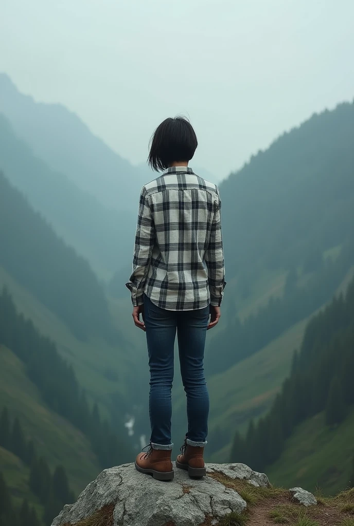 A broken heart person ,with white and black chek shirt and woodland shoes, slim body,dark blue jeans , standing on mountain top ,pic click from back side, oval face,6 Feet height and 54
kg weight , no face seen in pic ,two side slope hair cut