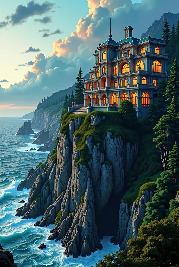 (((Une maison étonnante))), style du XIXème siècle, (((avec terrasses))), (beaux jardins), bord de mer , ((Au sommet d'une falaise escarpée))  format d&#39;illustration, palette de couleurs froides et chaudes, Contraste élevé, ombres dures (chef-d&#39;œuvre, la plus haute qualité), (Éclairage et ombre exquis, image très dramatique, effet de lentille cinématographique), (((Style visuel de Simon Stålenhag)), maison de 300 mètres carrés, plafond hausmanien,
