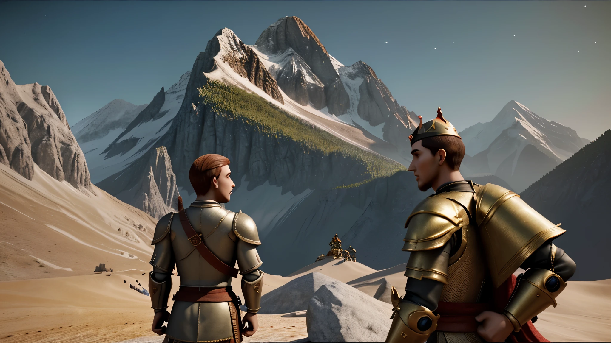 3d human stylized animation very Sharp, 2 boys talking to 2 kings close to a mountain with some armies around not to harm the boys