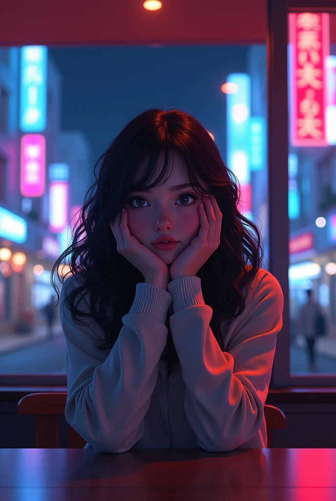 Night Cafe、Beauty、Looking outside、university student、Stylish、woman、Wavy Hair、Cheek resting on hand、2d、Anime characters、Waiting for someone、Competition clothes、Summer knitwear、Neon Town、Both hands Cheek resting on hand、Looking outside、Sidelong glance、Both hands Cheek resting on hand
