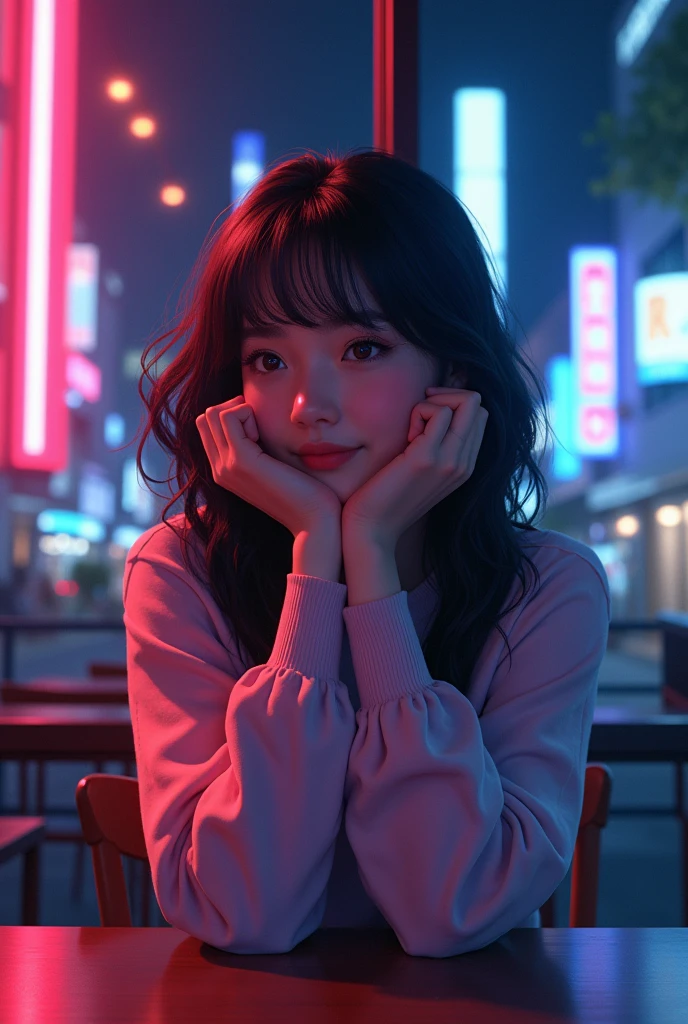 Night Cafe、Beauty、Looking outside、university student、Stylish、woman、Wavy Hair、Cheek resting on hand、2d、Anime characters、Waiting for someone、Competition clothes、Summer knitwear、Neon Town、Both hands Cheek resting on hand、Looking outside、Sidelong glance、Both hands Cheek resting on hand
