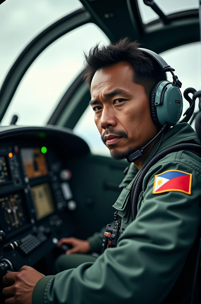 Filipino fighter pilot in a cocpit front view man and simple 