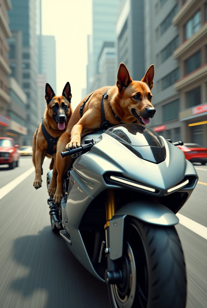 One labrador and 2 german shepherd dogs on bullet bike