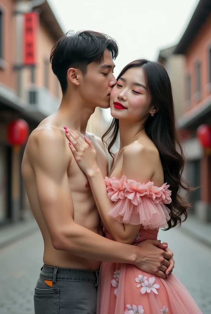 Chinese beautiful girl 23 years-old couple with a man 40 years-old, 23 years-old girl as wife, 40 years-old man as her husband, the girl hug the man, the girl wearing gown flower pattern, the girl red lips, the girl with the man naked stands in street city building.