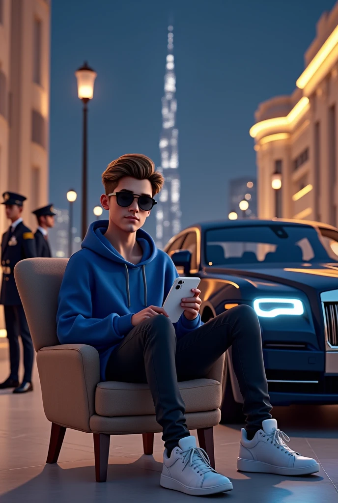 Create a 3D illustration featuring a realistic 20 year-old beautiful young Boy with blue hoodie and black Teens, white iPhone 15 pro max holding in hand on a Wingback chair, wearing white sneakers, beautiful hair, luxury black sun  glasses, he looks ahead. Blue ROLLS ROYCE Ghost of side, with name "multi" Write on Number plate, 3d art painting realistic photo with two security guard in my background With security dressing, on Dubai in night view with Burj Khalifa 