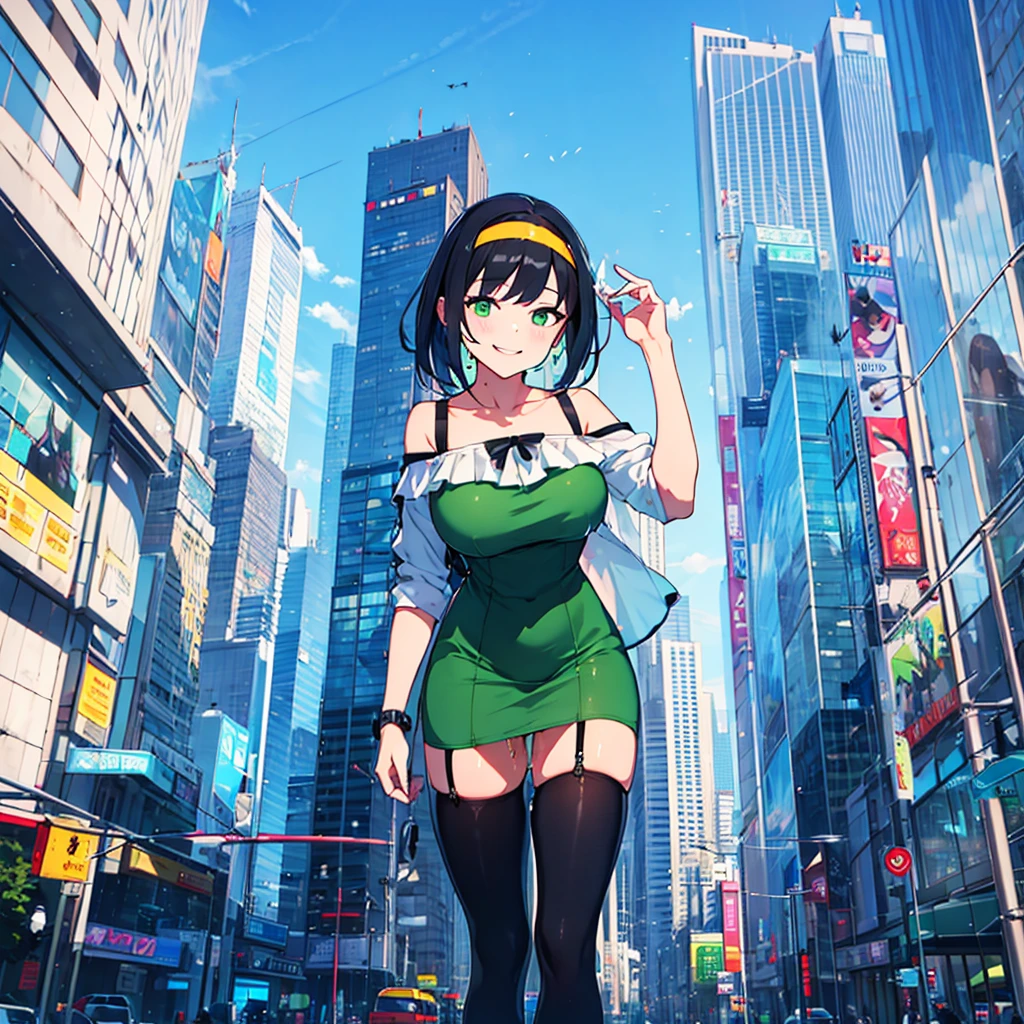 (solo), (1 skinny girl standing), arms behind back, swaying back, (tight-fit black thighhighs), collarbone, BREAK, (yellow hairband), green off-shoulder dress with shoulder straps, (off-shoulder white shirts under dress:1.2), glass-walled skyscrapers in distance, BREAK, (long skinny legs), huge breasts, BREAK, (forced smile:1.3), (dripping tires:1.3), (disappeared), open mouth, orgasm, nsfw, pussy juice dripping down between thighs