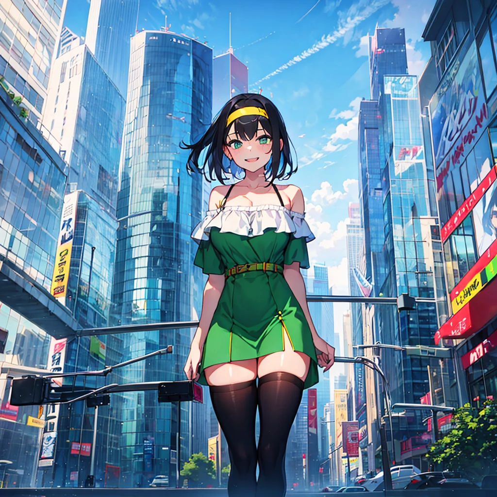 (solo), (1 skinny girl standing), arms behind back, swaying back, (tight-fit black thighhighs), collarbone, BREAK, (yellow hairband), green off-shoulder dress with shoulder straps, (off-shoulder white shirts under dress:1.2), glass-walled skyscrapers in distance, BREAK, (long skinny legs), huge breasts, BREAK, (forced smile:1.3), (dripping tires:1.3), (disappeared), open mouth, orgasm, nsfw, pussy juice dripping down between thighs