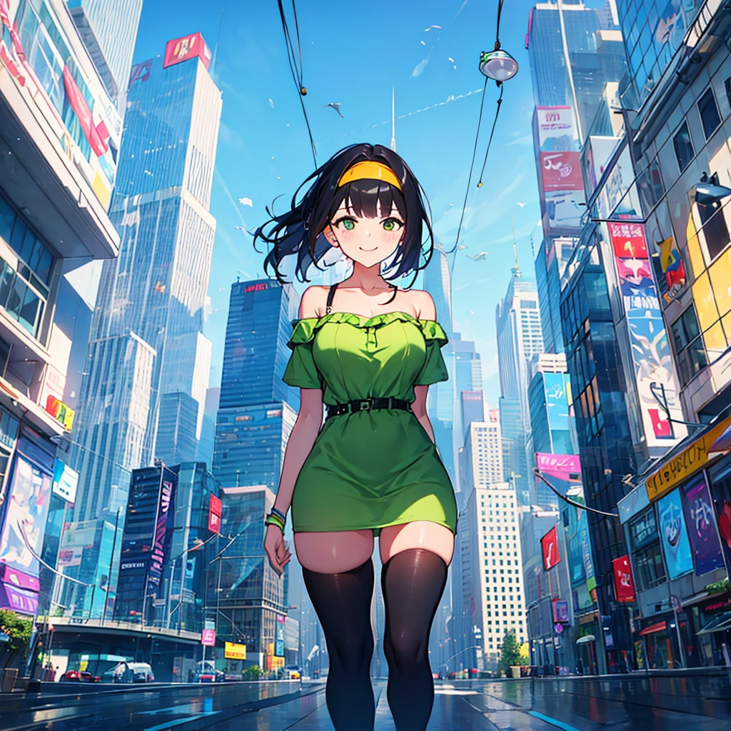 (solo), (1 skinny girl standing), arms behind back, swaying back, (tight-fit black thighhighs), collarbone, BREAK, (yellow hairband), green off-shoulder dress with shoulder straps, (off-shoulder white shirts under dress:1.2), glass-walled skyscrapers in distance, BREAK, (long skinny legs), huge breasts, BREAK, (forced smile:1.3), (dripping tires:1.3), (disappeared), open mouth, orgasm, nsfw, pussy juice dripping down between thighs
