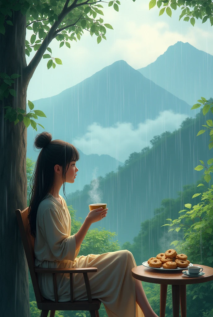 A peacefull rainy mountain and greeny trees  and a girl sitting on chair with cup of tea and cookies
