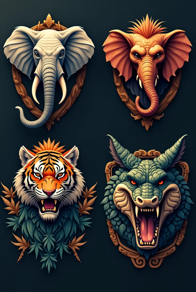 Animal Logos with elephant heads orangutan tiger and crocodile