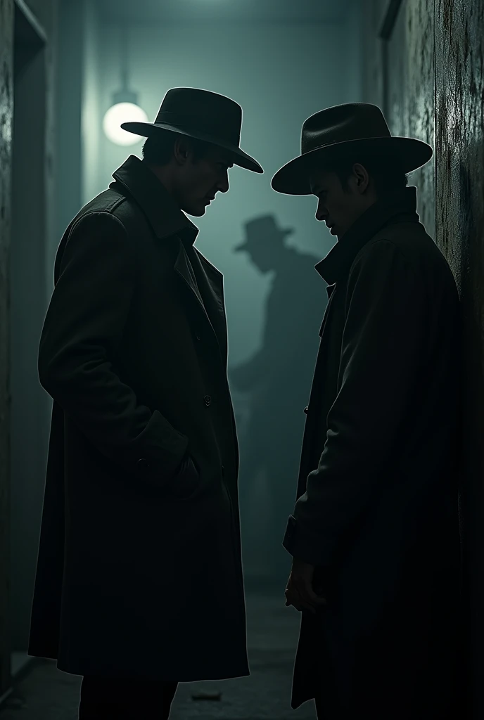 High-definition image of a detective in a jacket and hat, confronting a suspect in a dark room, with shadows hinting at human forms