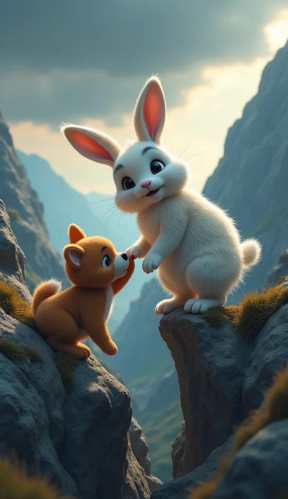 There is a rabbit's baby which is white in colour and its hair is like feathers. His face is very innocent. And there is a dog's baby which is very innocent and cute and looks just like a teddy bear. The dog's colour is brown. The dog is lying on a deep rock. The dog has held the upper part of the rock. The dog is very scared. And the rabbit is standing on top of the hill. The rabbit is holding the dog's hand to save the dog from falling into the ditch. And there are rocky mountains in the background and dark clouds in the sky.image in 3d animation