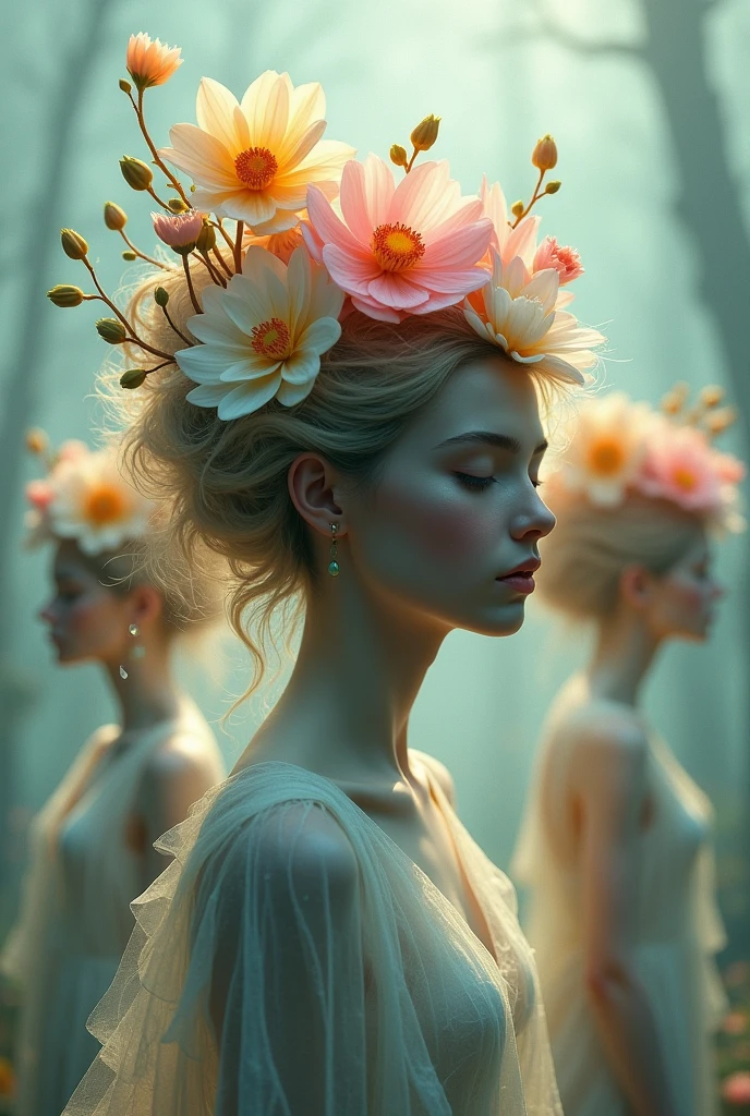 Surreal Scene art、Surreal figures、Hair is a flower、Beautiful woman、A different flower for each person、Flower of individuality、、Fantasy、Faint lighting