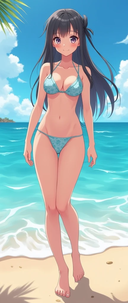 Anime style waifu on the beach standing full face in transparent swimsuit and panties without bra with visible pussy and big tits
