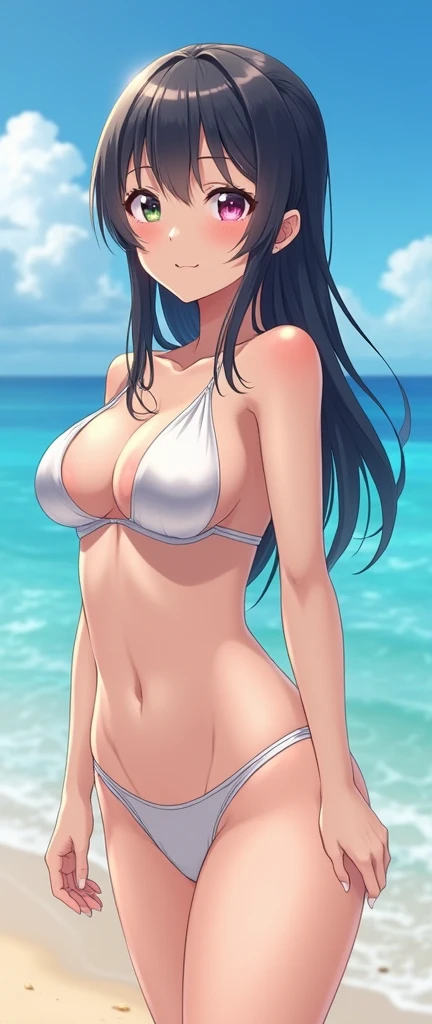 Anime style waifu on the beach standing full face in transparent swimsuit and panties without bra with visible pussy and big tits