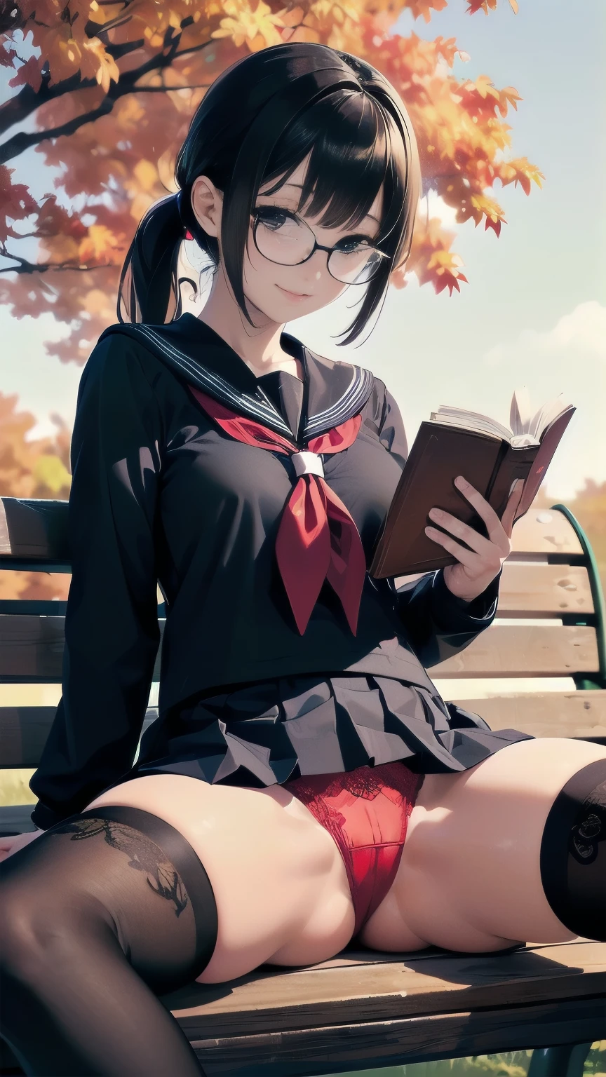 1girl，((Smooth black hair in a ponytail blowing in the wind，Clear black eyes))，((masterpiece，Very realistic，A detailed anime wallpaper:1.4))，((Perfect Anatomy:1.2))，((Front close-up photo))，Cute symmetrical face，CG Unity 8k，((Black long-sleeved sailor suit，black pleated mini skirt，Intellectual glasses，Black thigh-high socks:1.5))，8K quality，Extremely sophisticated digital art，((She is sitting on a bench with her legs spread and reading a book.:1.35))，A perfect, cute, and excellent girl，Looking at the camera with a gentle smile，A soothing smile，Very large breasts，Extremely detailed hair and face，Artistic pastel art，((A tree-lined road at dusk with autumn leaves fluttering beautifully:1.1))，((Spread your legs:1.7))，Spread your legs，Professional Lighting，Supermodel，((Red lace sexy panties:1.09))