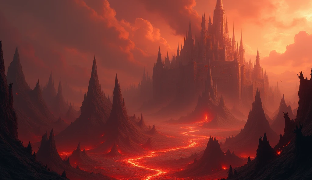 ((best quality)), ((masterpiece)), dnd, dungeons and dragons, scene, landscape, hellscape, aerial view, hell, avernus, demon city, city in hell, distant small demons, multiple creatures, scary, small flying demons in the distance, lava, fire, trending artwork, masterpiece