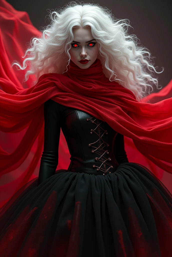 a red-eyed vampire with a puffy black-and-red skirt. Let there be a red veil covering your face.her hair is long,white,Let it be curly and fluffy