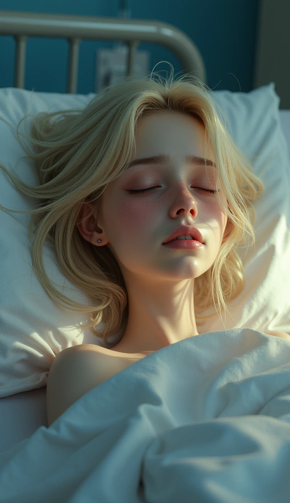 A sad bleeding blonde young woman laying at hospital in coma, pixar style, cinematic, masterpiece, high-aesthetic, portrait