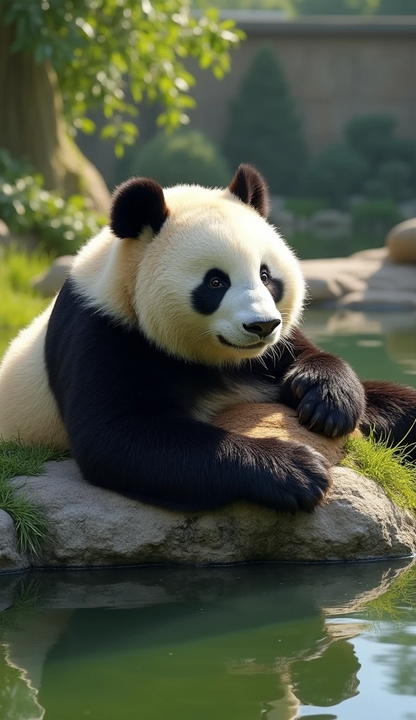Chinese Giant Panda,High-definition quality,Lying on a stone,At the zoo,Sunbathing,Pool next to it