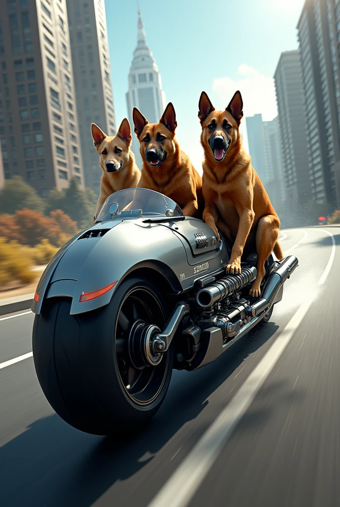 One labrador and 2 german shepherd dogs on bullet bike